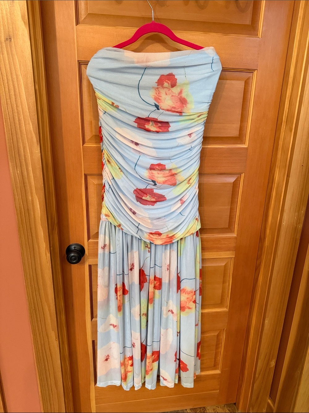 Bardot Pale Blue Strapless Floral Midi Dress